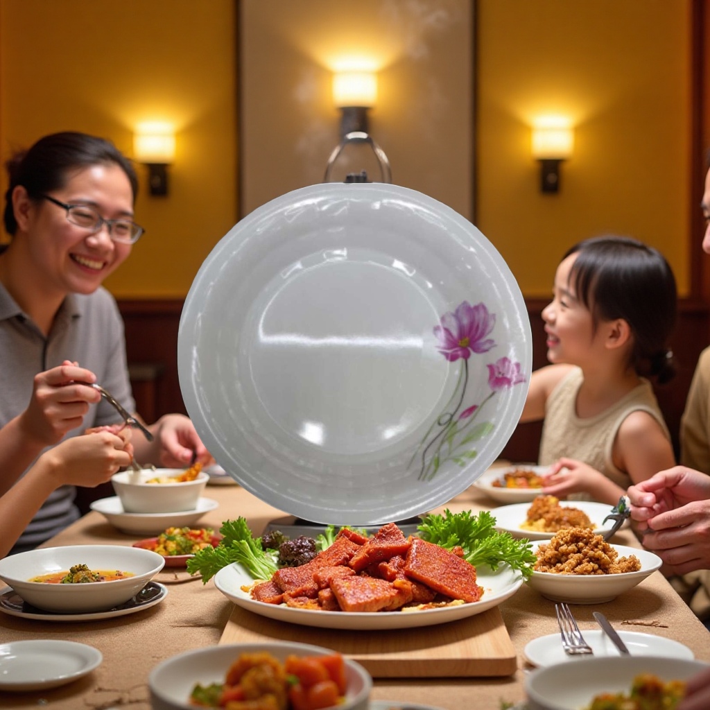白色带粉色花朵图案仿陶瓷盘子 密胺家用餐盘 装饰摆盘