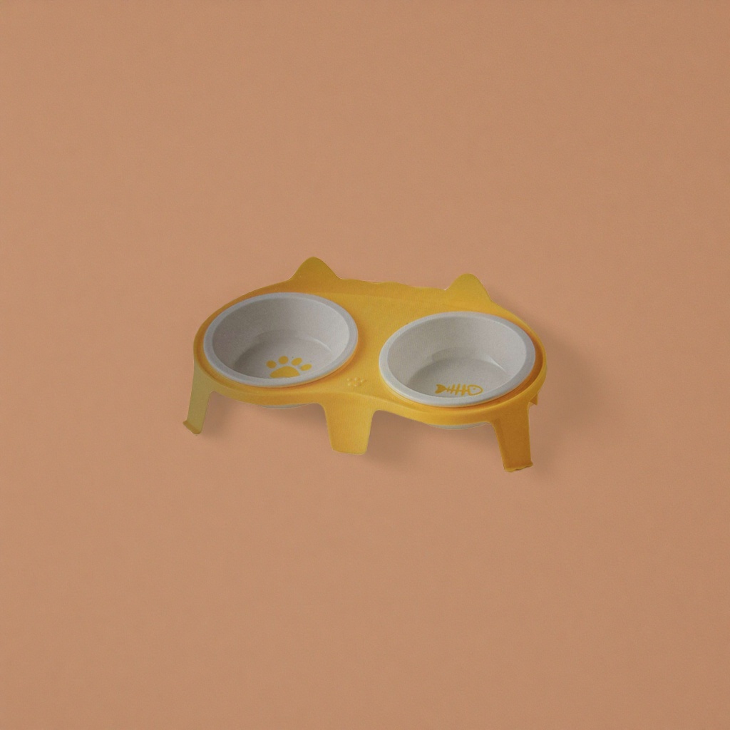 Yellow cat-shaped double-bowl pet food bowl with stainless steel anti-slip bottom cat feeder Specification image