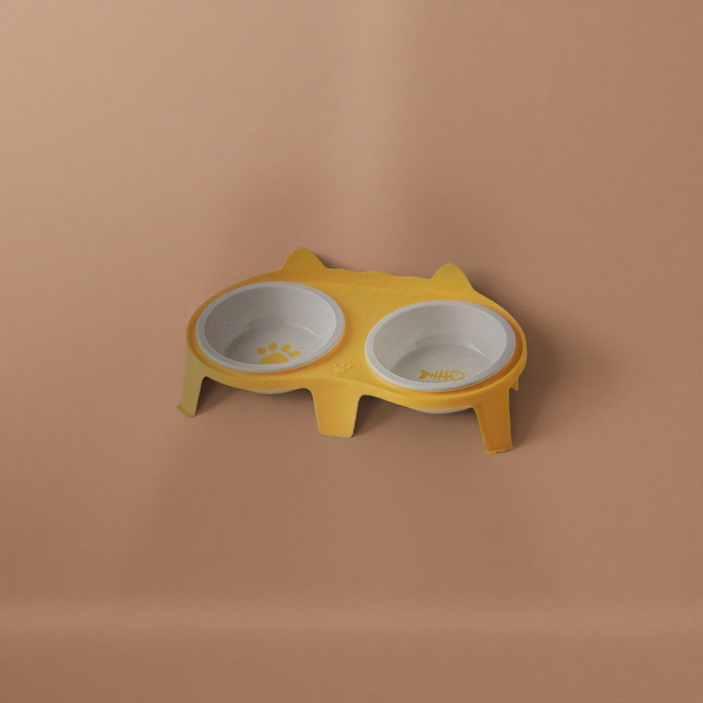 Yellow cat-shaped double-bowl pet food bowl with stainless steel anti-slip bottom cat feeder
