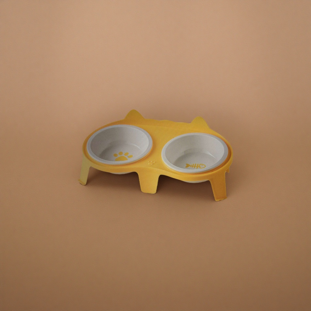 Yellow cat-shaped double-bowl pet food bowl with stainless steel anti-slip bottom cat feeder Application Scenario