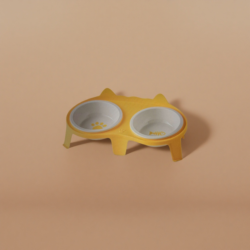 Yellow cat-shaped double-bowl pet food bowl with stainless steel anti-slip bottom cat feeder details Picture