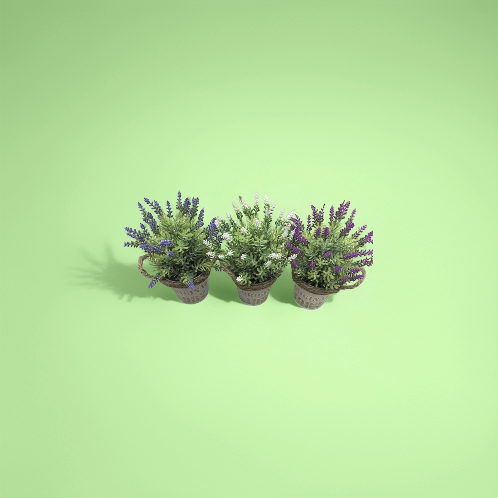 ORIGINAL 1982 metal bucket, three POTS, purple and white flowers, green potted plants, decorated with hemp rope