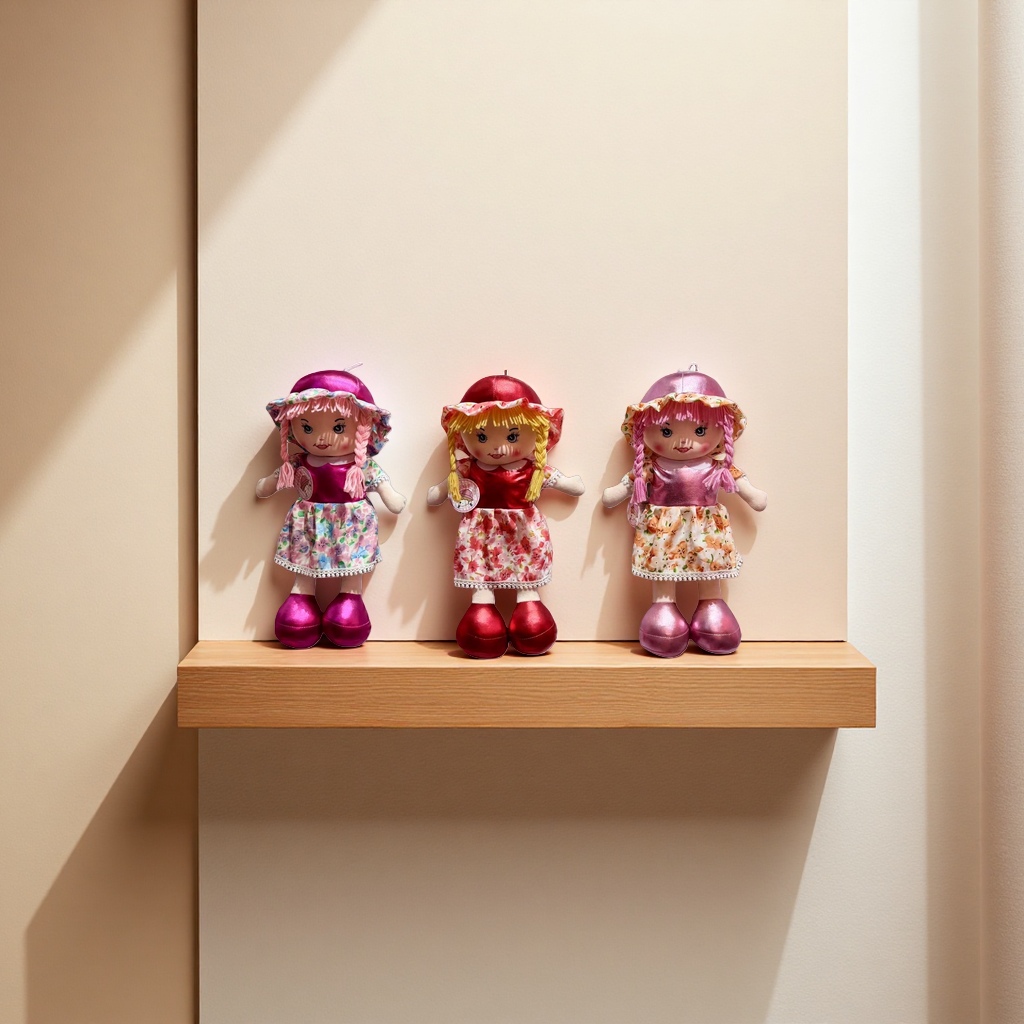 Three fabric dolls, a colorful dress, a hat, and a cloth doll are placed in front of the blinds Application Scenario