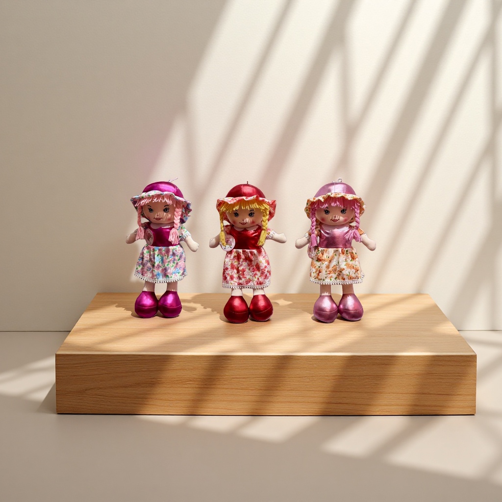 Three fabric dolls, a colorful dress, a hat, and a cloth doll are placed in front of the blinds details Picture