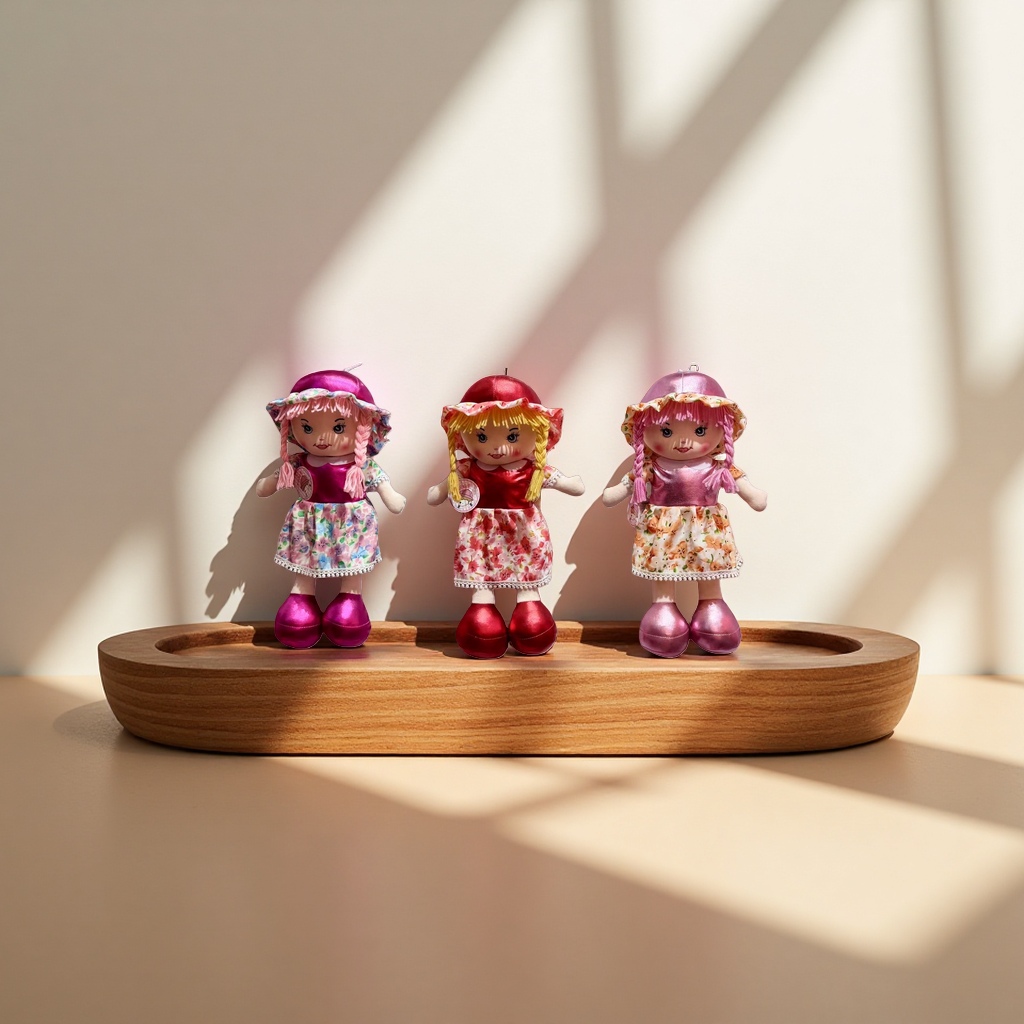 Three fabric dolls, a colorful dress, a hat, and a cloth doll are placed in front of the blinds Specification image