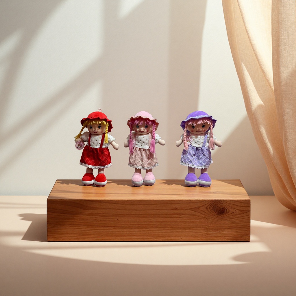 A three-piece plush doll set, red, pink and purple dress, hat, posed in front of the blinds details Picture