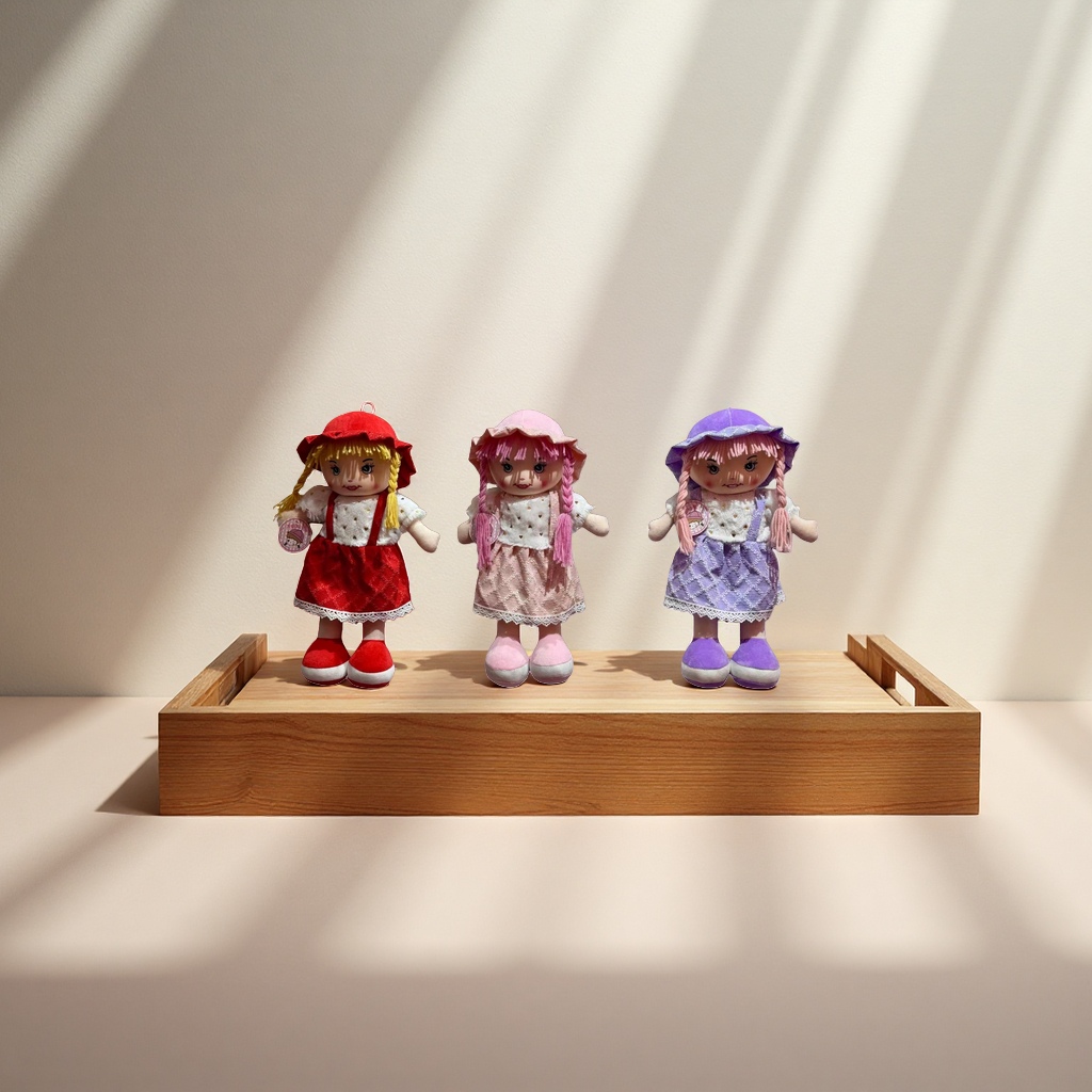 A three-piece plush doll set, red, pink and purple dress, hat, posed in front of the blinds Application Scenario