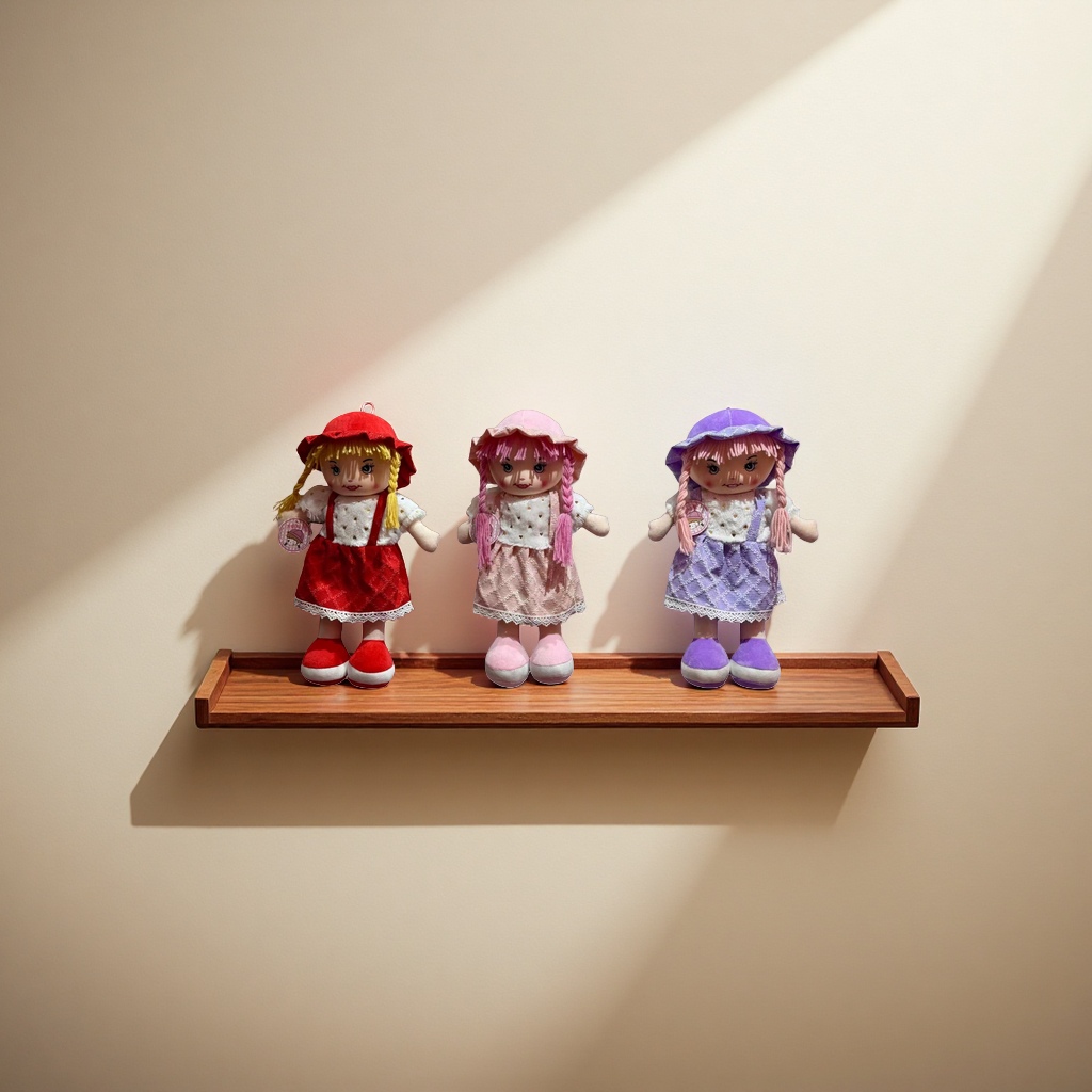 A three-piece plush doll set, red, pink and purple dress, hat, posed in front of the blinds Specification image