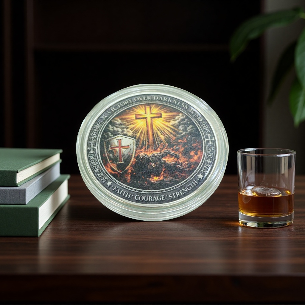 The angel warrior Saint Michael steps on the circular badge of the devil with a sword Application Scenario