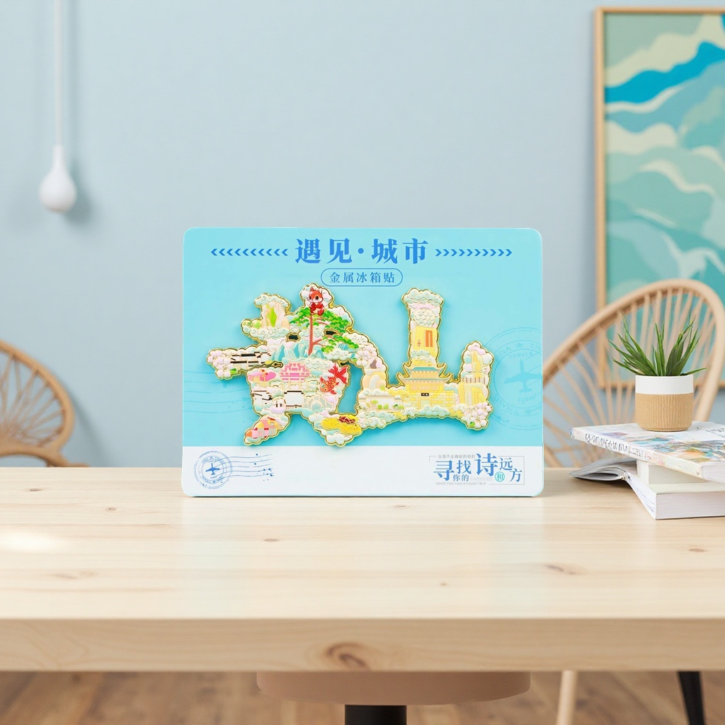 Metal fridge magnets with city-themed patterns for home decoration and magnetic stickers Application Scenario