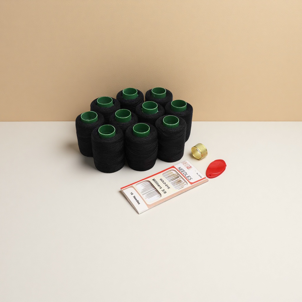 Sewing supplies set: Black spool, needle, buttoning needle, threading tool, home hand mending Specification image