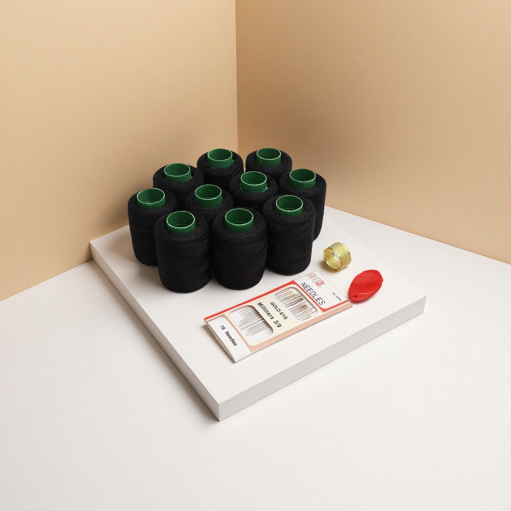 Sewing supplies set: Black spool, needle, buttoning needle, threading tool, home hand mending details Picture