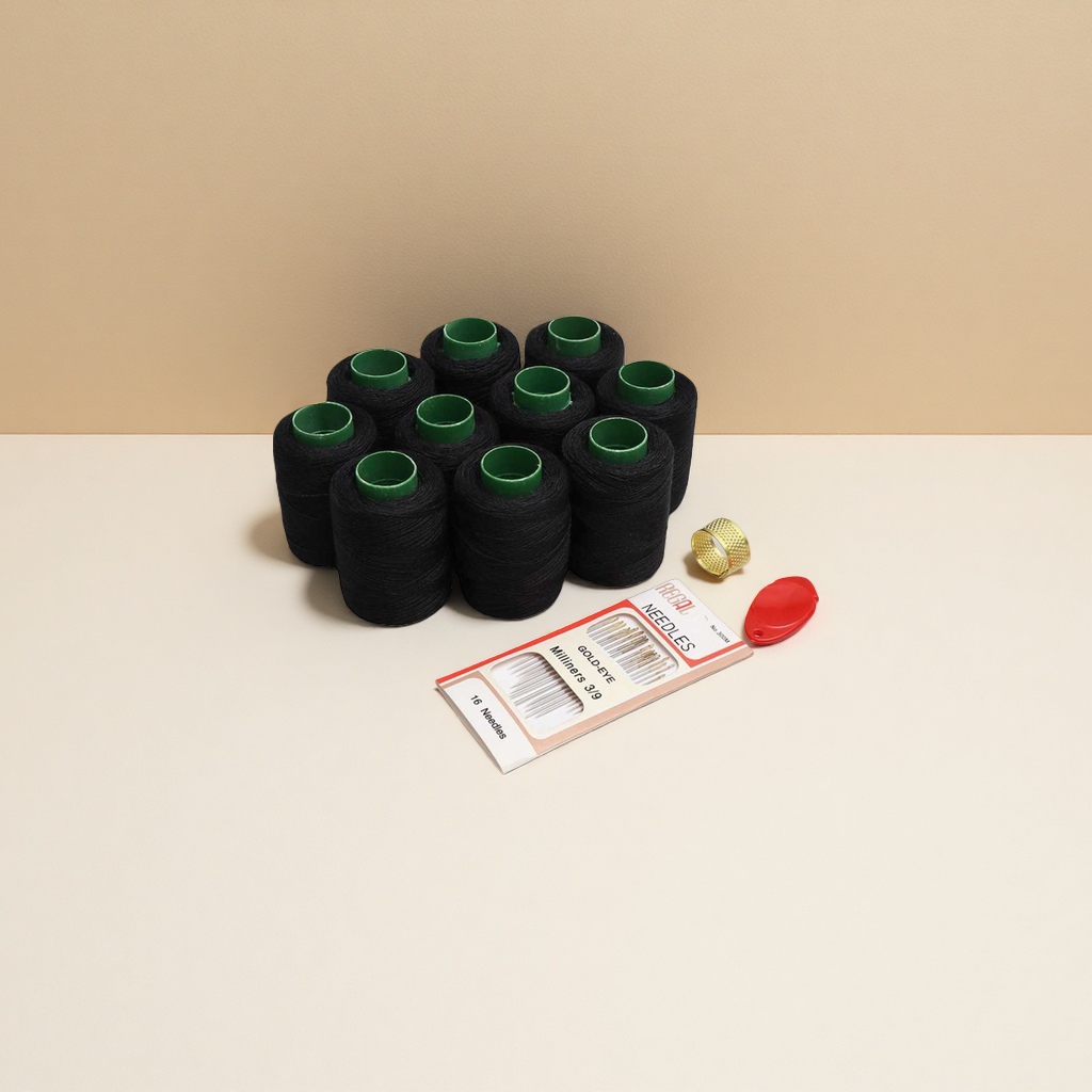 Sewing supplies set: Black spool, needle, buttoning needle, threading tool, home hand mending Application Scenario