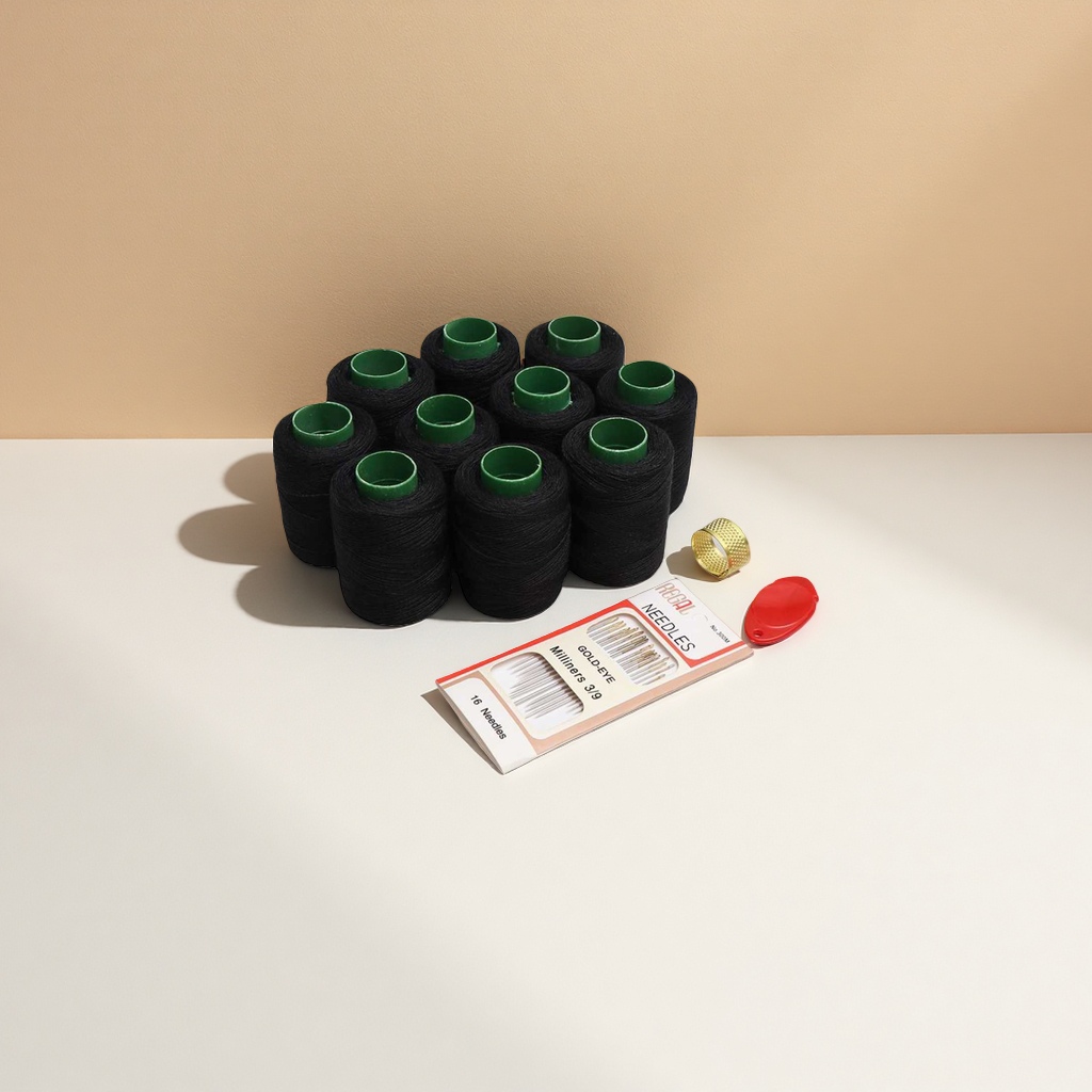 Sewing supplies set: Black spool, needle, buttoning needle, threading tool, home hand mending