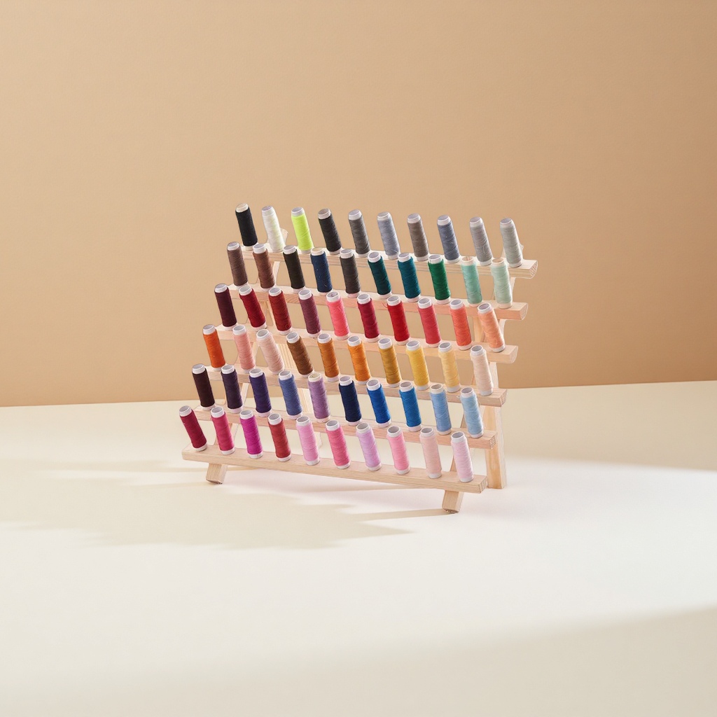 Colorful spool with wooden thread frame, hand-wound sewing and storage set details Picture