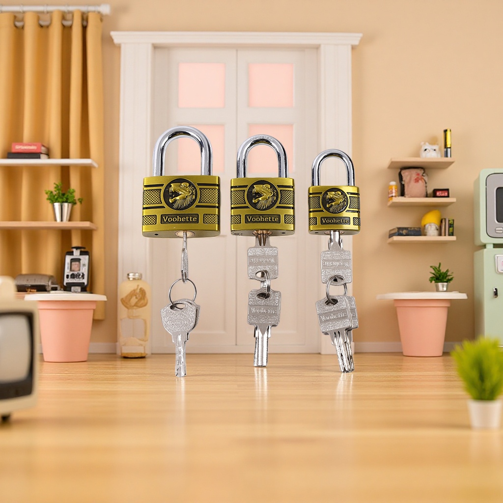 A set of four golden padlocks with keys for anti-theft hanging locks Application Scenario