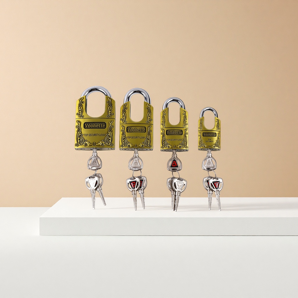 A set of four golden padlocks with keys for anti-theft hanging locks