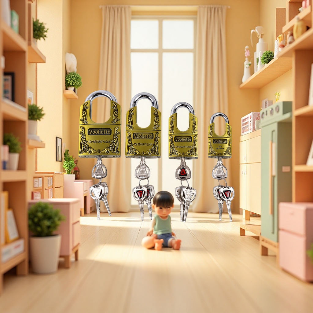 A set of four golden padlocks with keys for anti-theft hanging locks details Picture