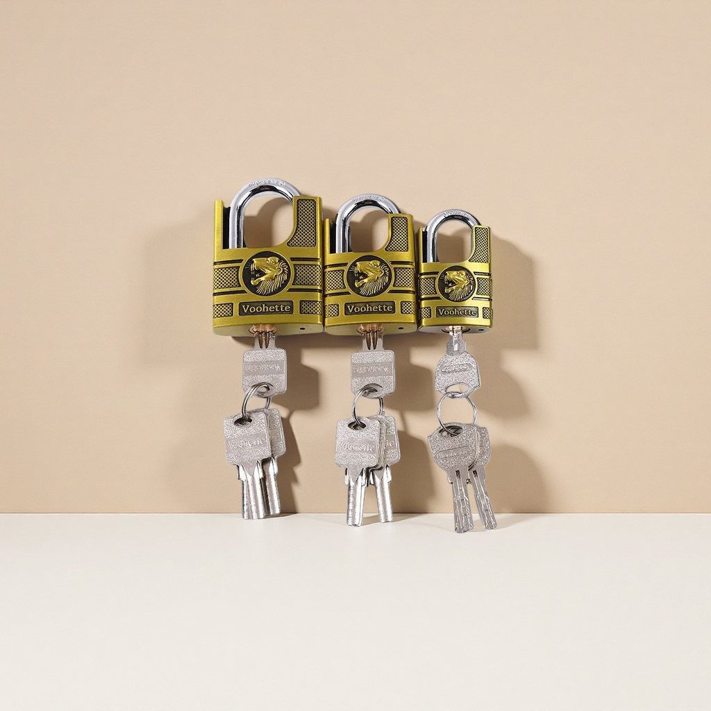 A set of four golden padlocks with keys for anti-theft hanging locks Specification image