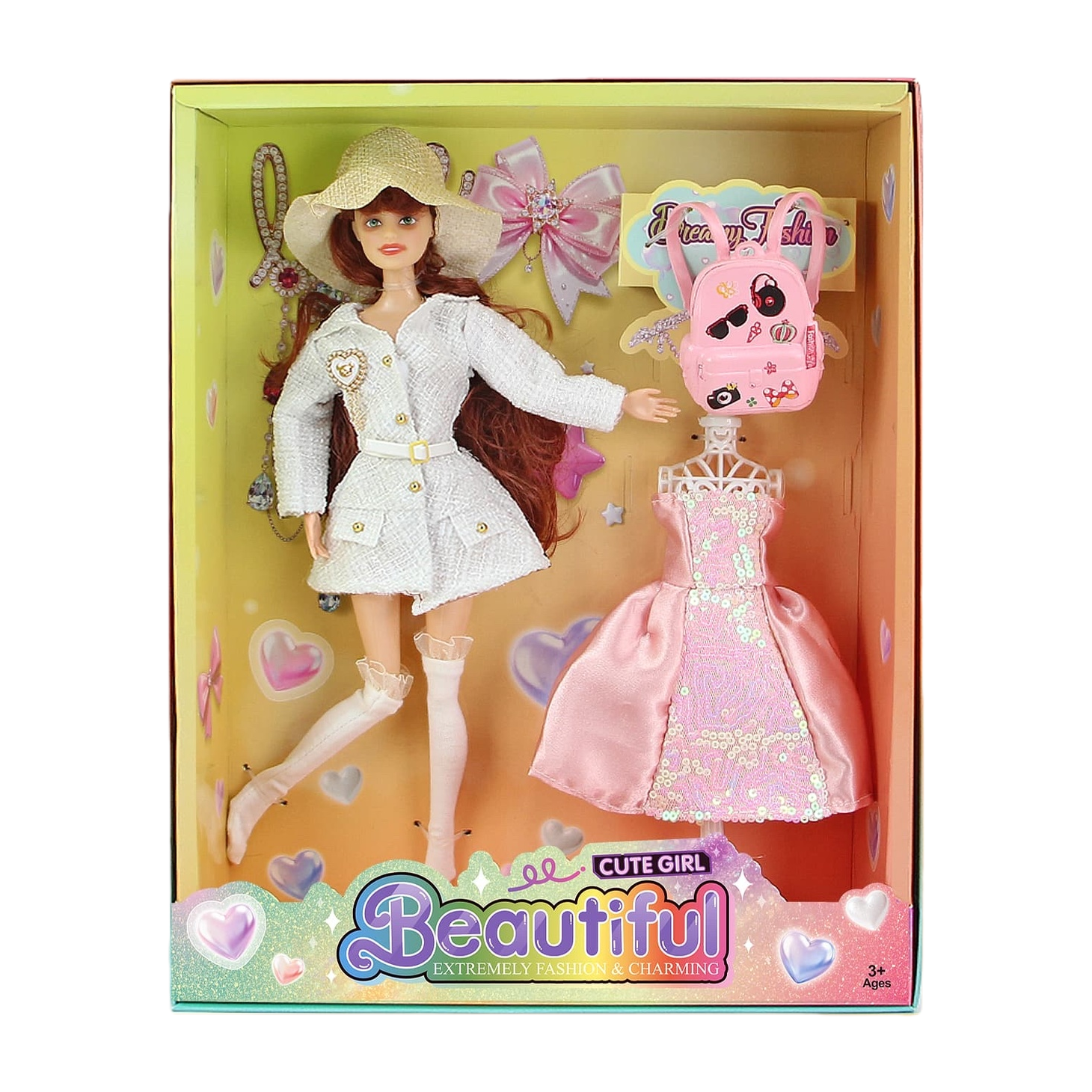 Fashionable Barbie doll set, 11-inch articulated white coat, pink dress, hat, backpack Item Picture