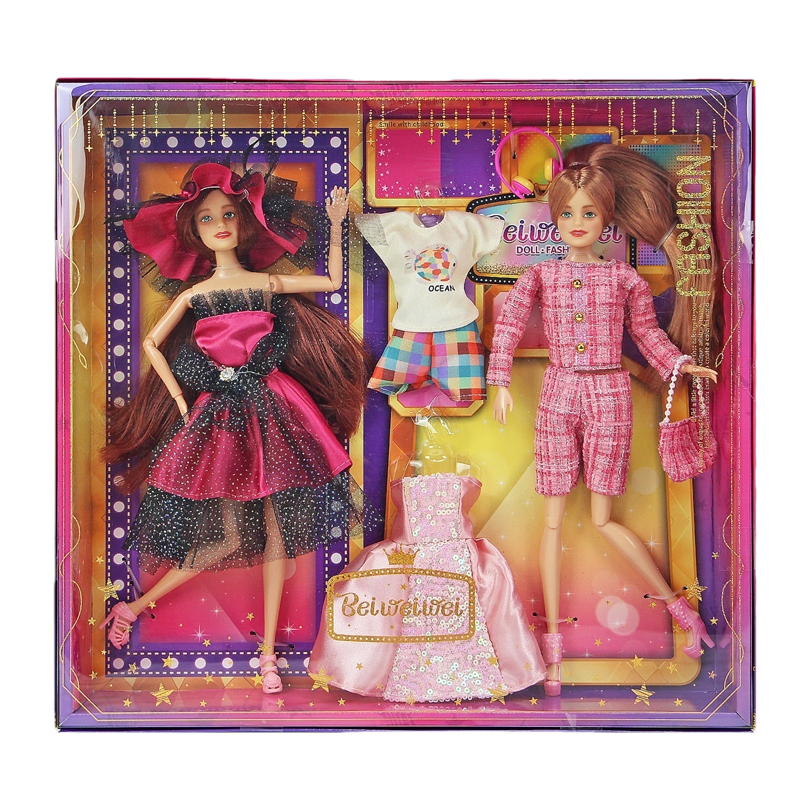 This fashionable Barbie doll set comes in a beautiful gift box with two dolls of different designs and multiple sets of clothing accessories Item Picture