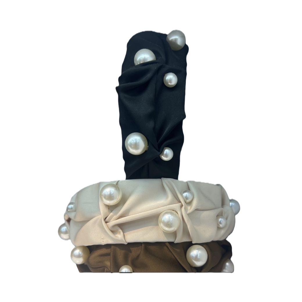 Pearl-decorated black beige fabric headwear for ladies, versatile for daily use Item Picture