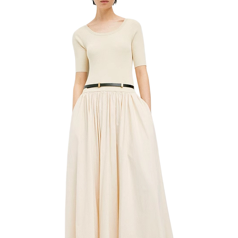 A new cream-colored A-line dress for women in summer, with a cinched waist and a slimming look Item Picture