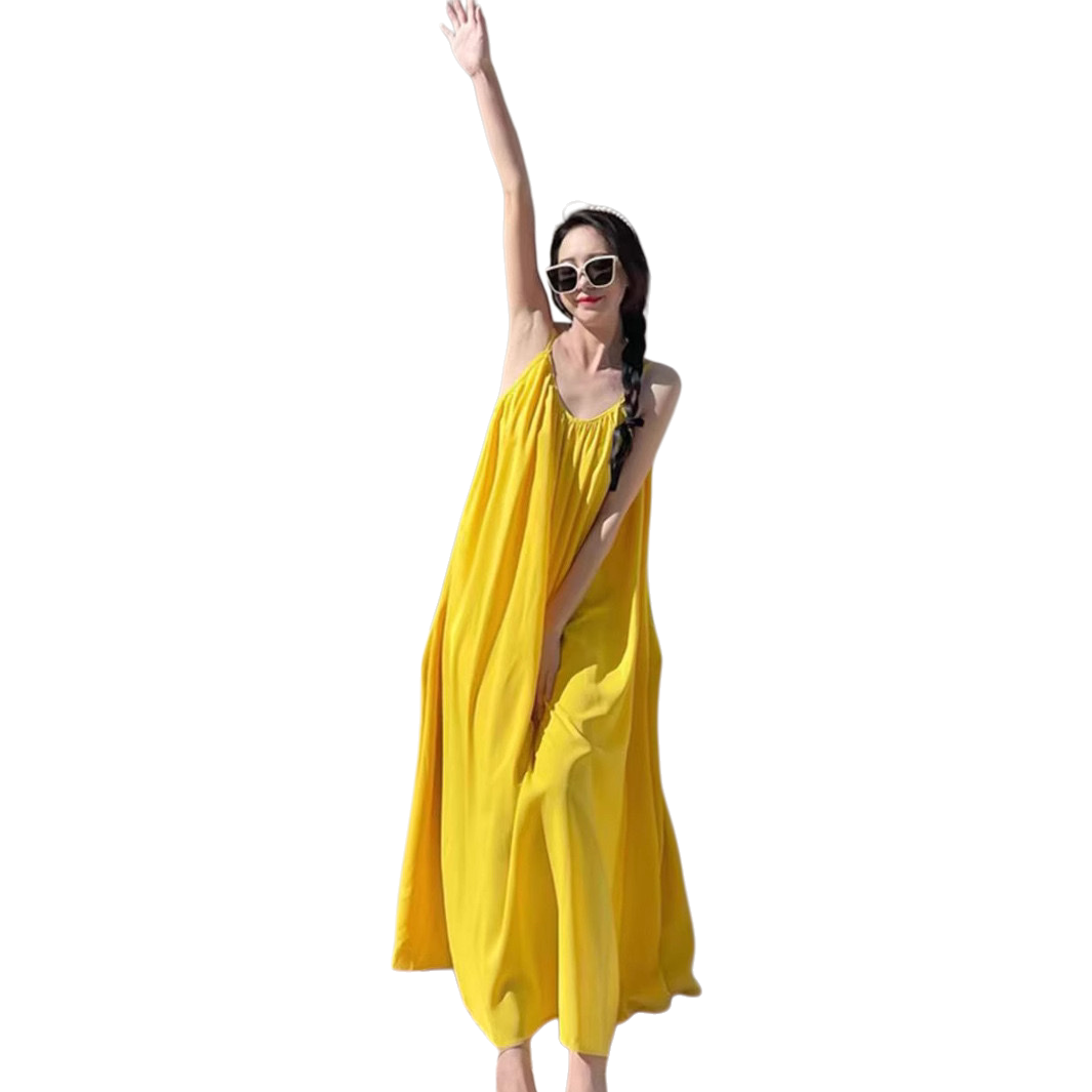 A new yellow dress for women in summer, a slimming mid-length dress with an elegant and refined style Item Picture