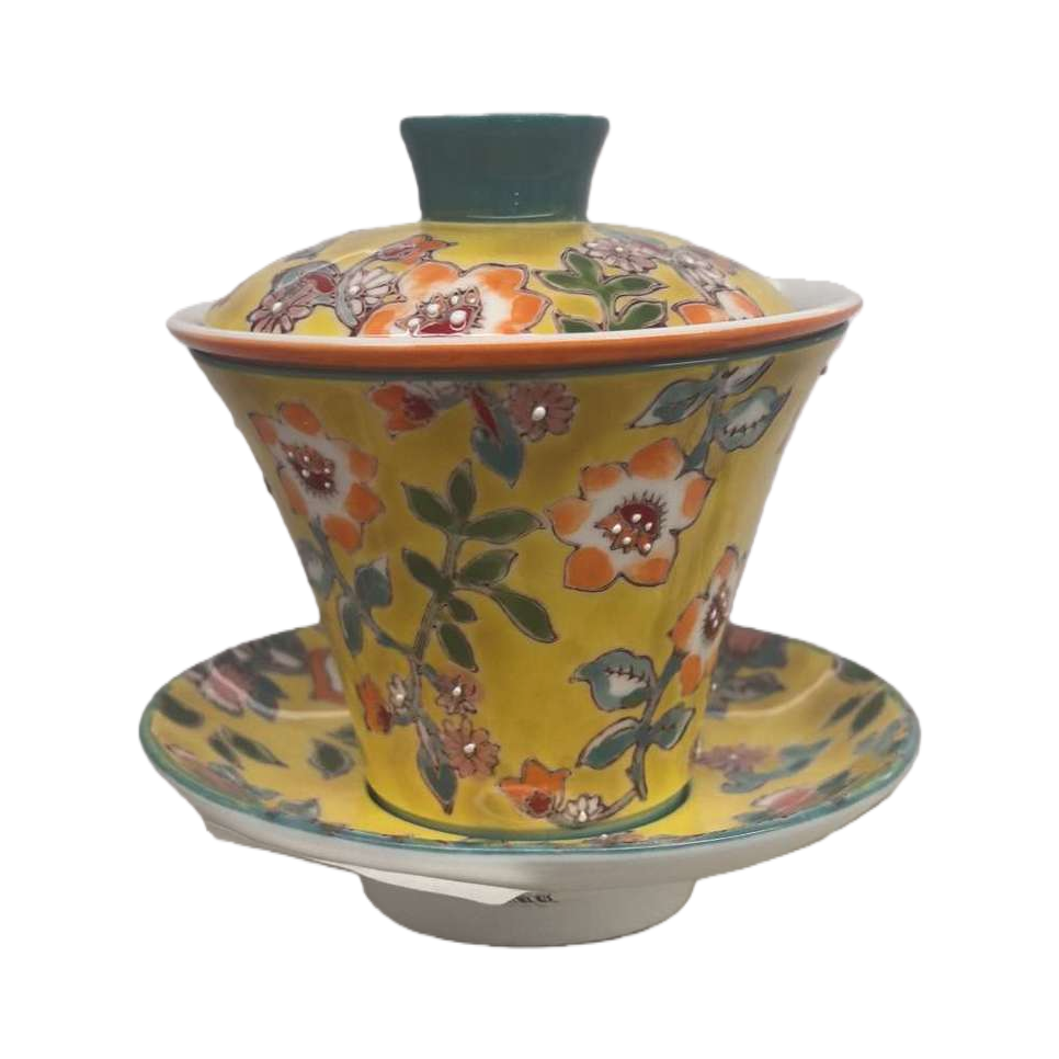 Yellow floral pattern covered bowl ceramic tea set, household kung Fu tea cup with lid, tea bowl Item Picture