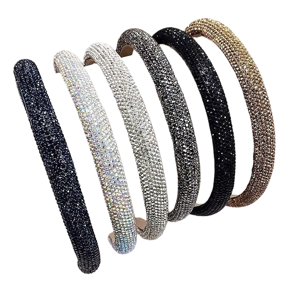 A dazzling diamond-encrusted hairband in five colors: deep blue, silver, black, gold and white. Books are displayed Item Picture