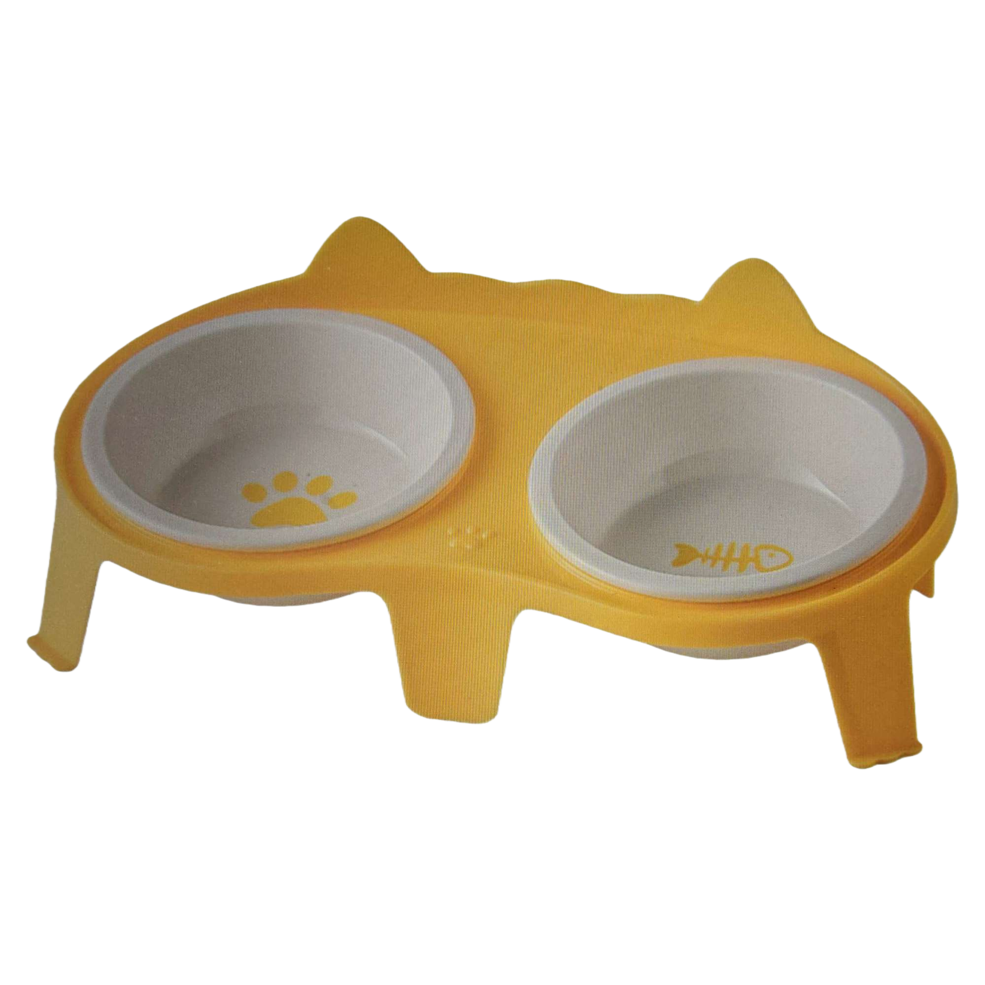 Yellow cat-shaped double-bowl pet food bowl with stainless steel anti-slip bottom cat feeder Item Picture