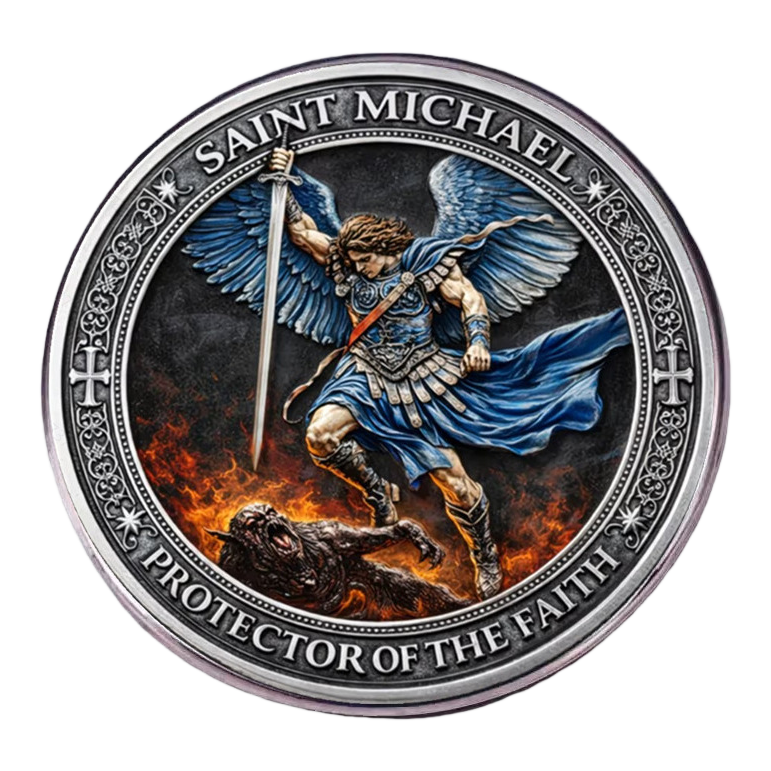The angel warrior Saint Michael steps on the circular badge of the devil with a sword Item Picture