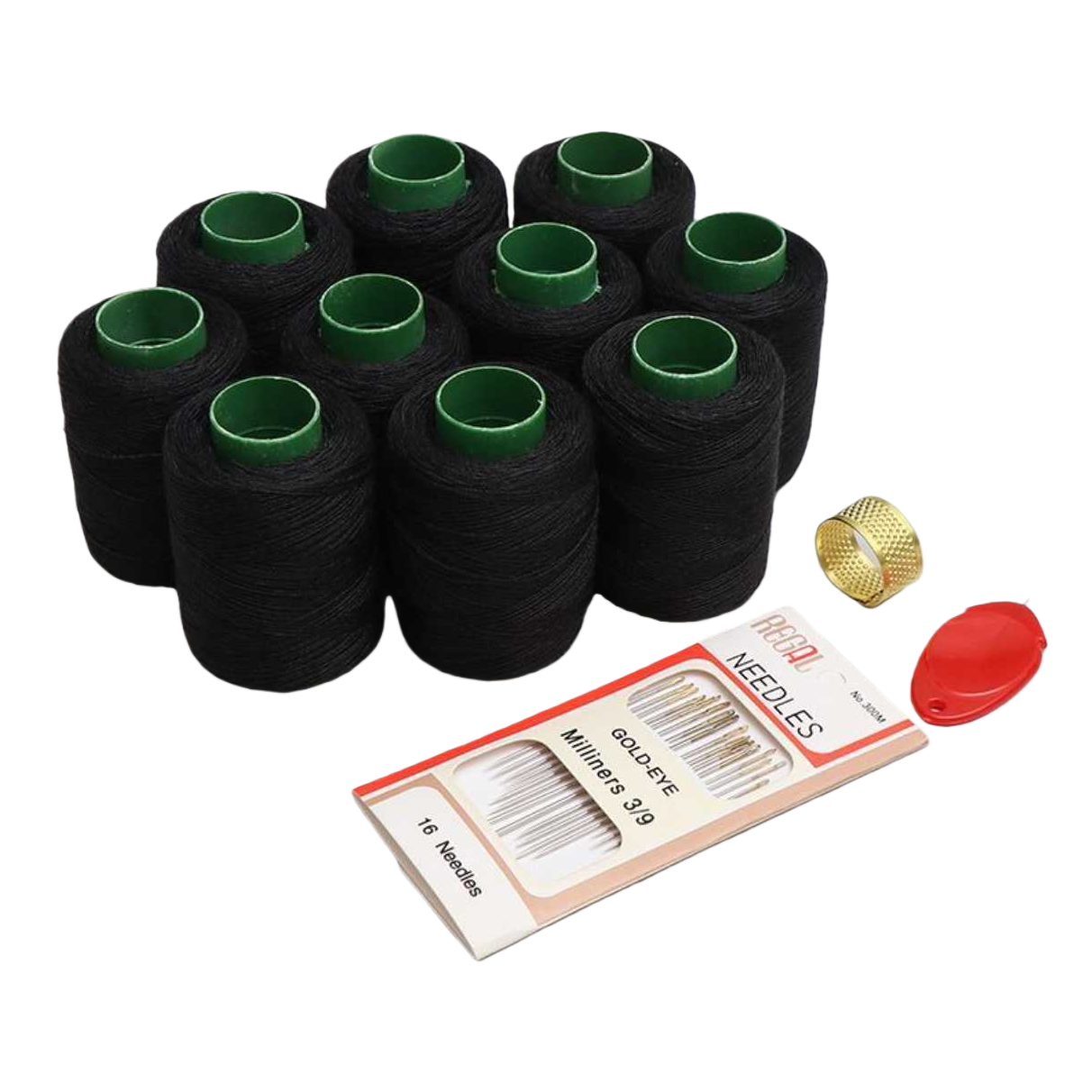 Sewing supplies set: Black spool, needle, buttoning needle, threading tool, home hand mending Item Picture
