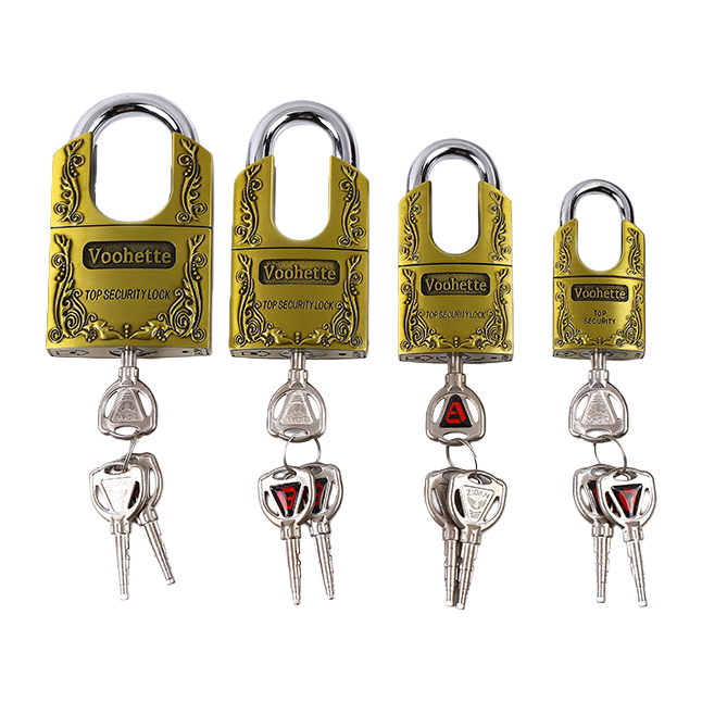 A set of four golden padlocks with keys for anti-theft hanging locks Item Picture