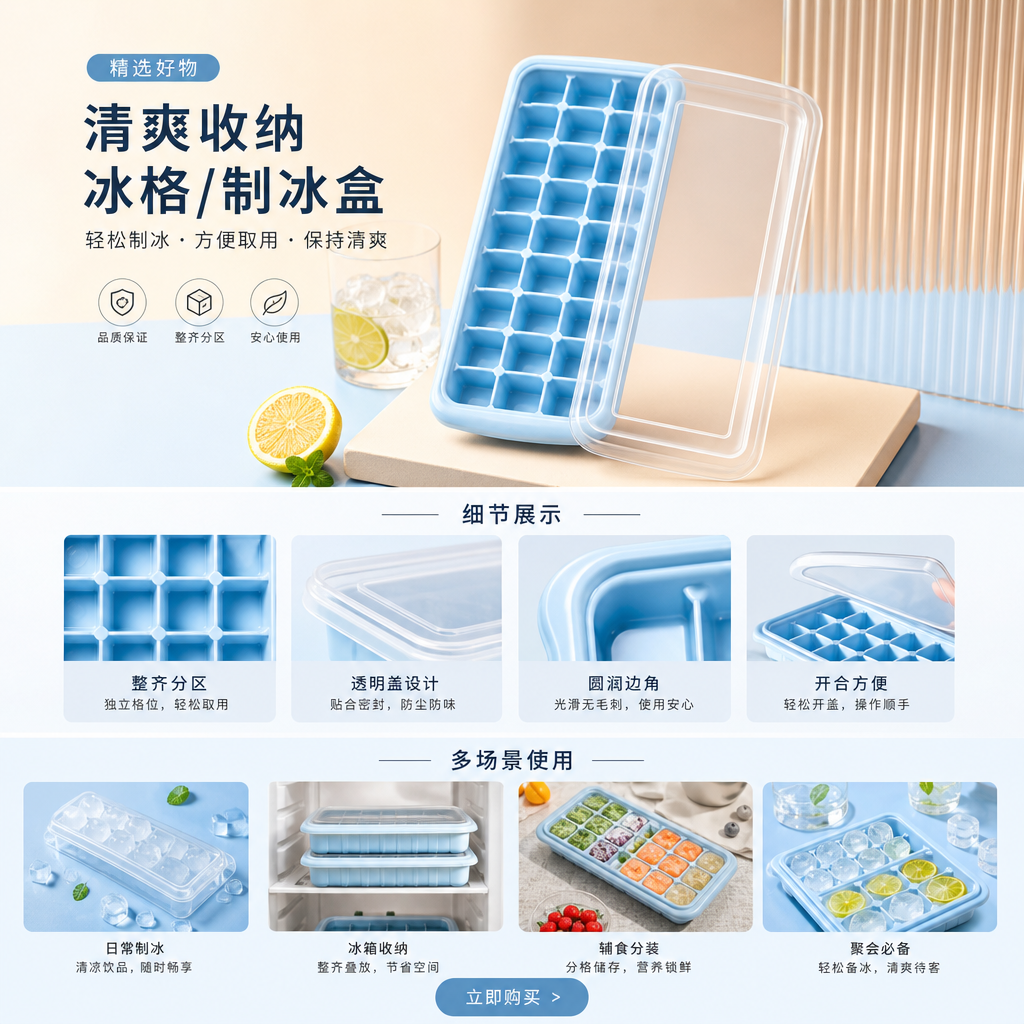 蓝色冰格模具 食品级硅胶大容量12格可脱模便携冷冻详情1
