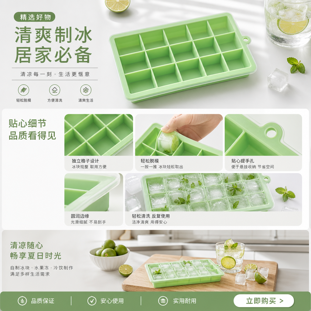 绿色冰格模具 硅胶可折叠家用制冰盒冰箱冷冻专用详情1