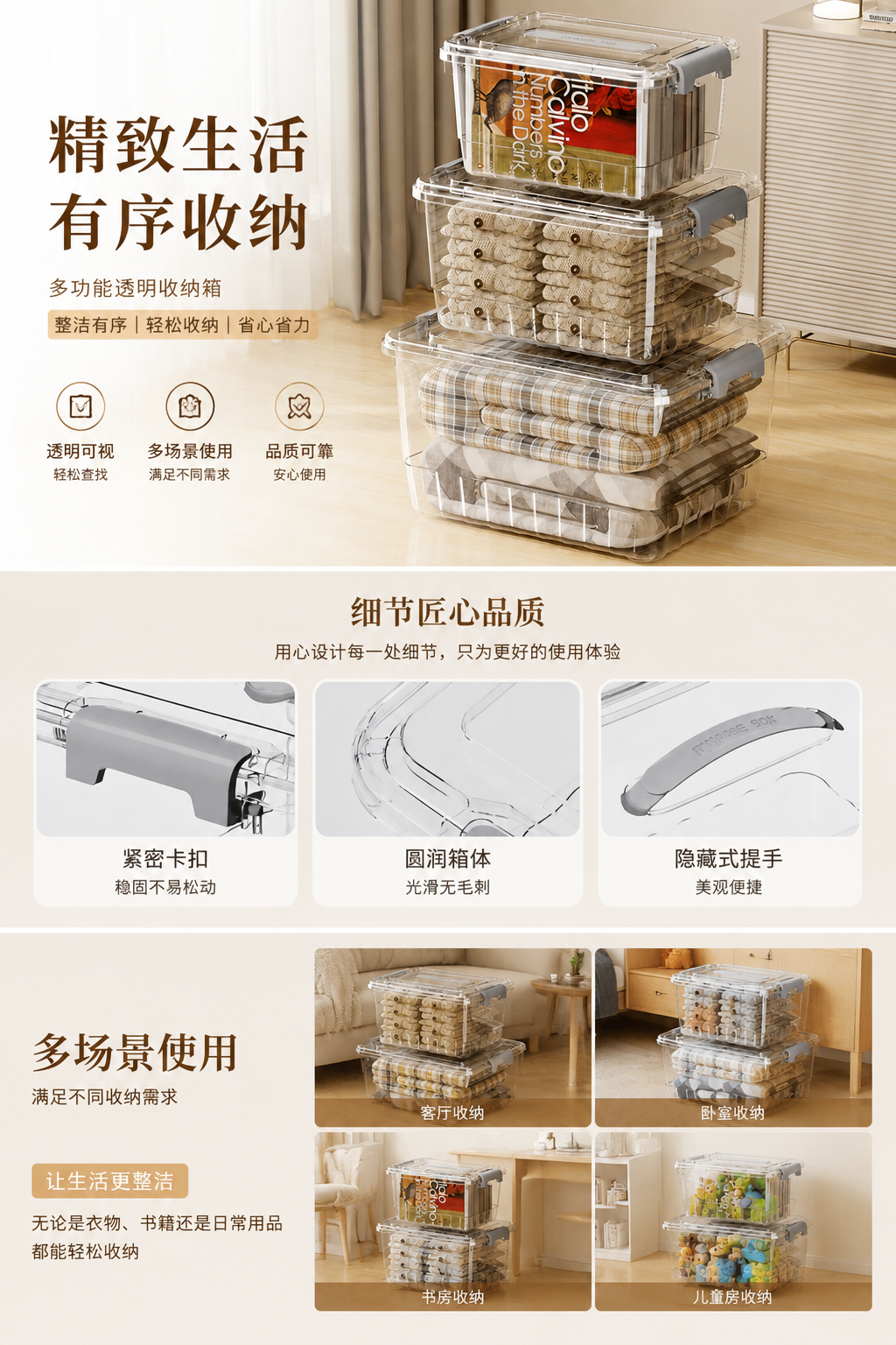 多功能透明塑料收纳箱 加盖防尘整理盒 家用储物箱详情1
