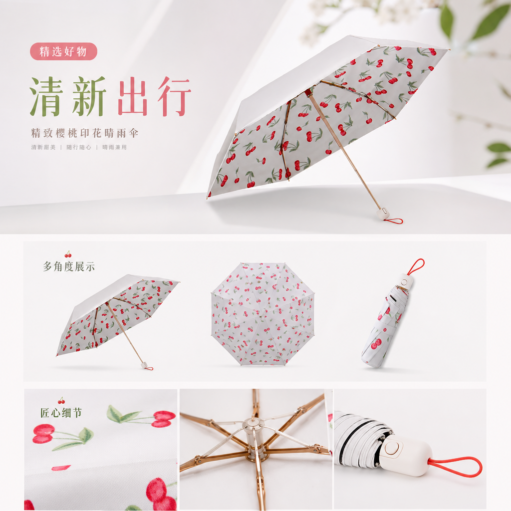 Cherry pattern printed all-weather umbrella, waterproof, sun-proof, lightweight and foldable for ladies pic 1