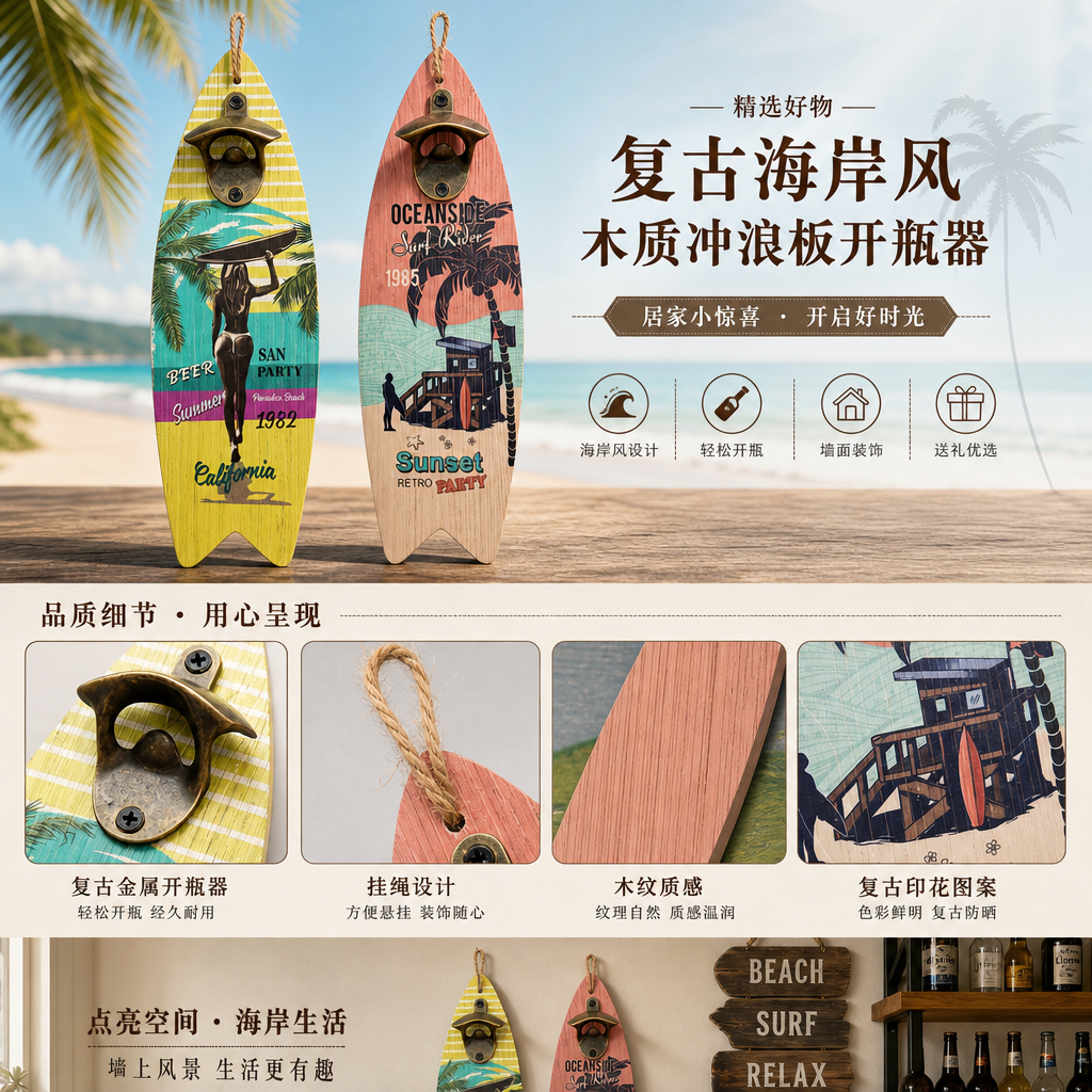 啤酒开瓶器跨境创意玻璃瓶起子酒吧餐厅木质壁挂式启瓶器墙壁装饰沙滩板画，开瓶器，A64554详情1