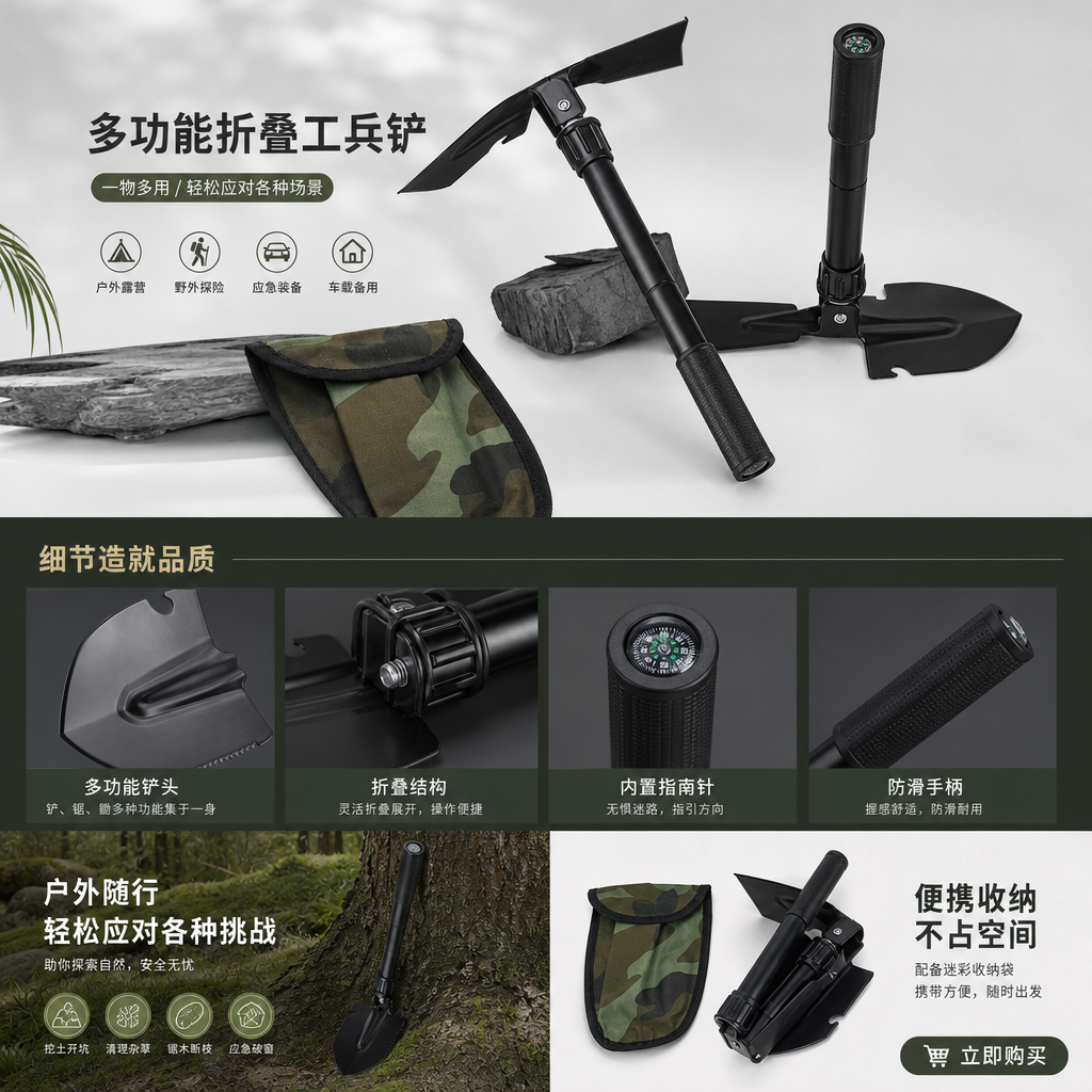 多功能折叠铲 户外便携不锈钢登山野营工具详情1