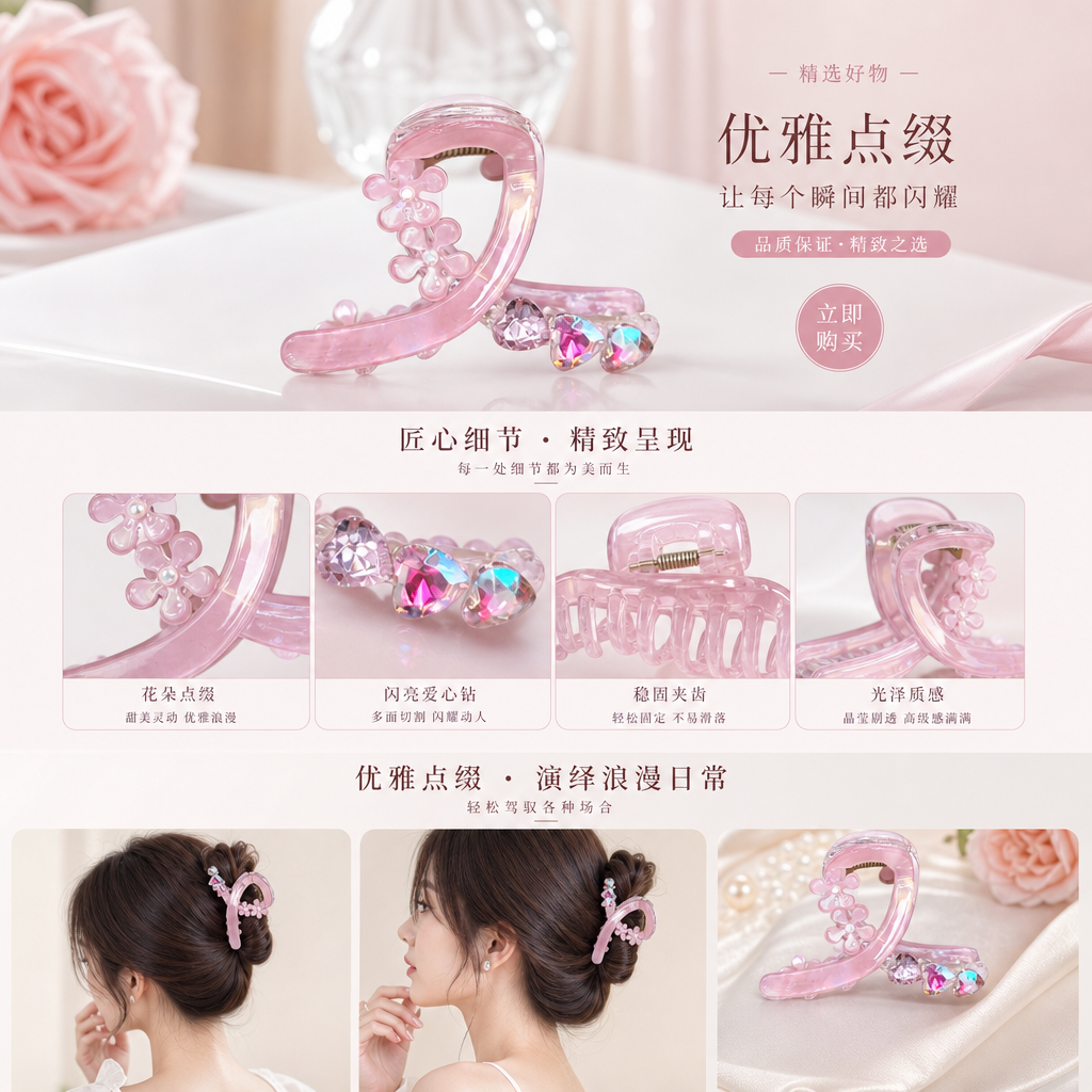 粉色花朵装饰发夹 甜美少女风头饰 可爱蝴蝶结发卡详情1