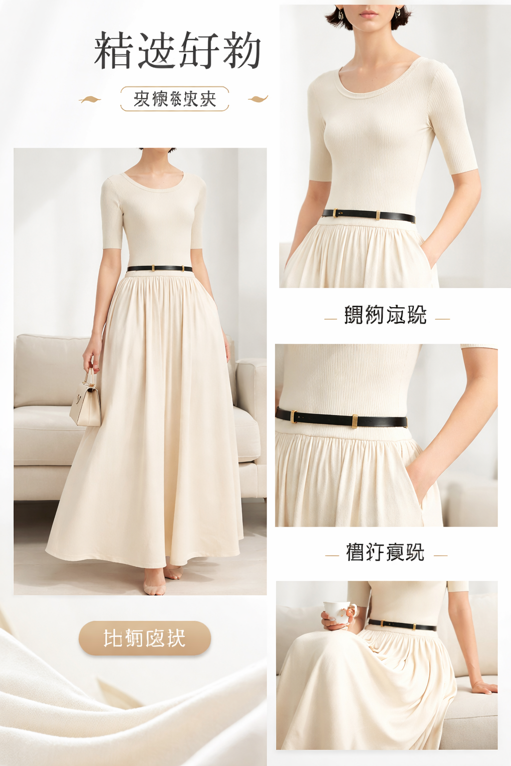 A new cream-colored A-line dress for women in summer, with a cinched waist and a slimming look pic 1