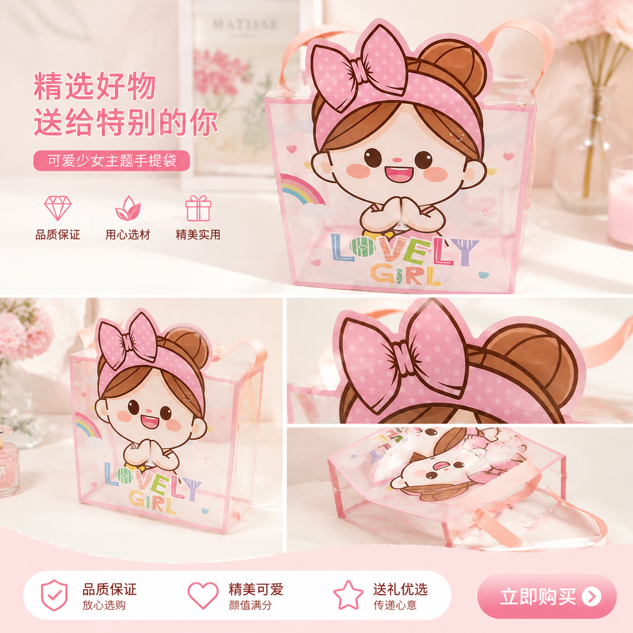 可爱女孩图案透明手提袋 时尚轻便购物袋详情1