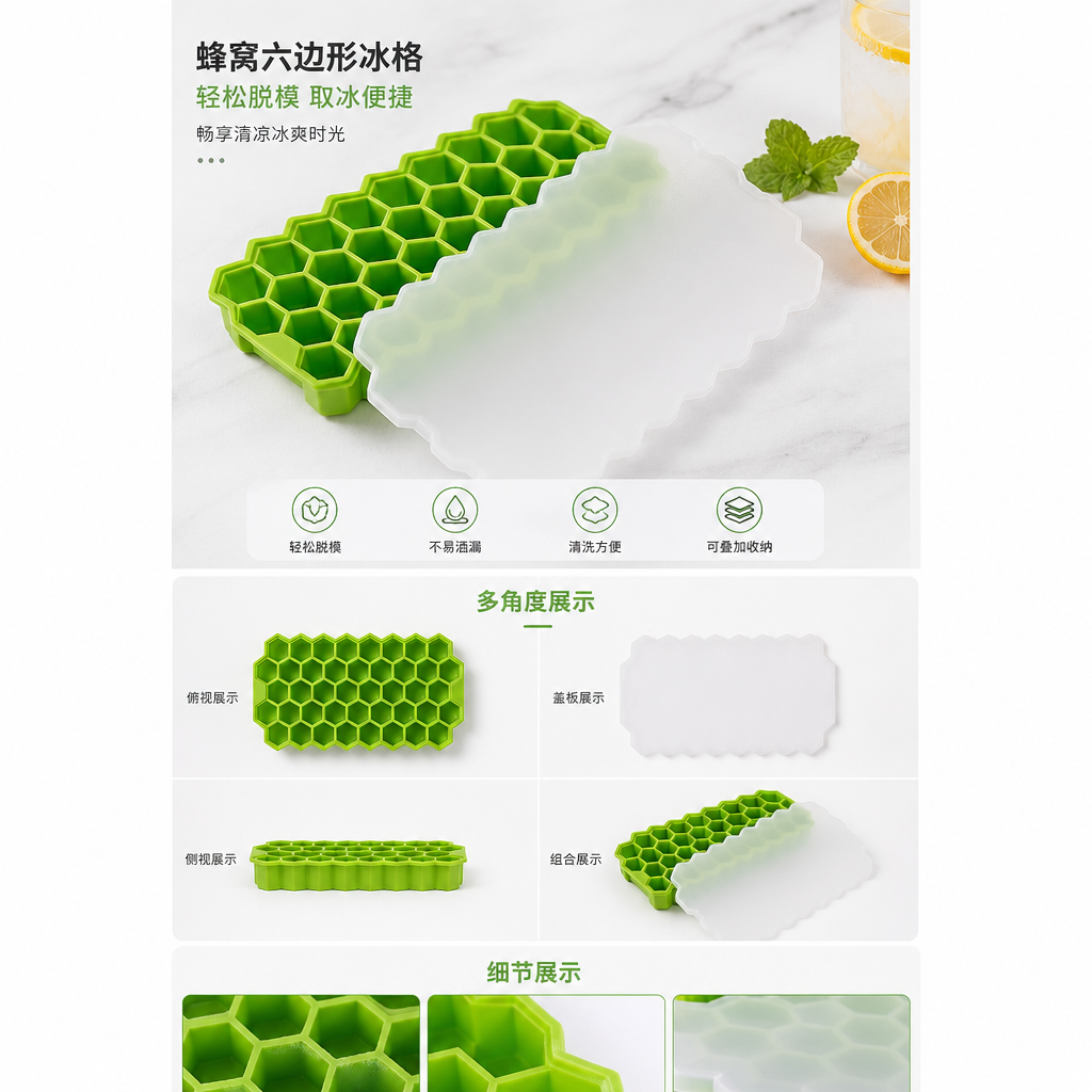 绿色蜂窝状冰格模具 硅胶耐高温家用制冰盒可叠放详情1
