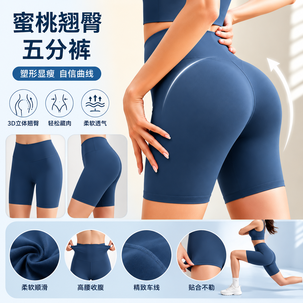 蜜桃翘臀香鲸蓝五分裤 高腰显瘦弹力休闲短裤详情2