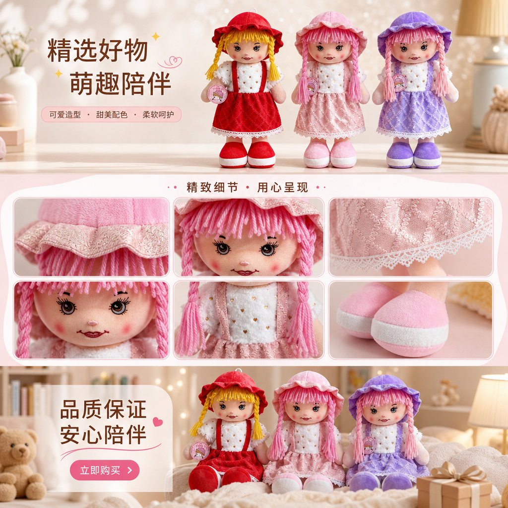 A three-piece plush doll set, red, pink and purple dress, hat, posed in front of the blinds pic 1