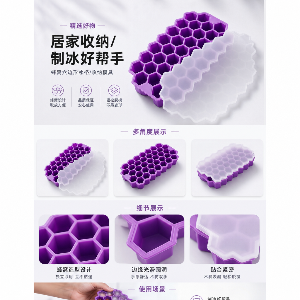 紫色蜂窝状冰格模具主体 硅胶耐高温家用制冰盒详情1