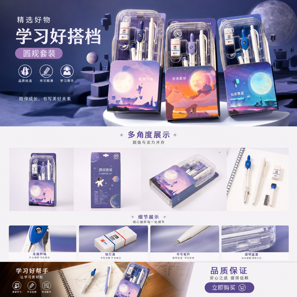 文具套装 圆规套装 学生绘图工具 金属圆规带分规量角器详情1