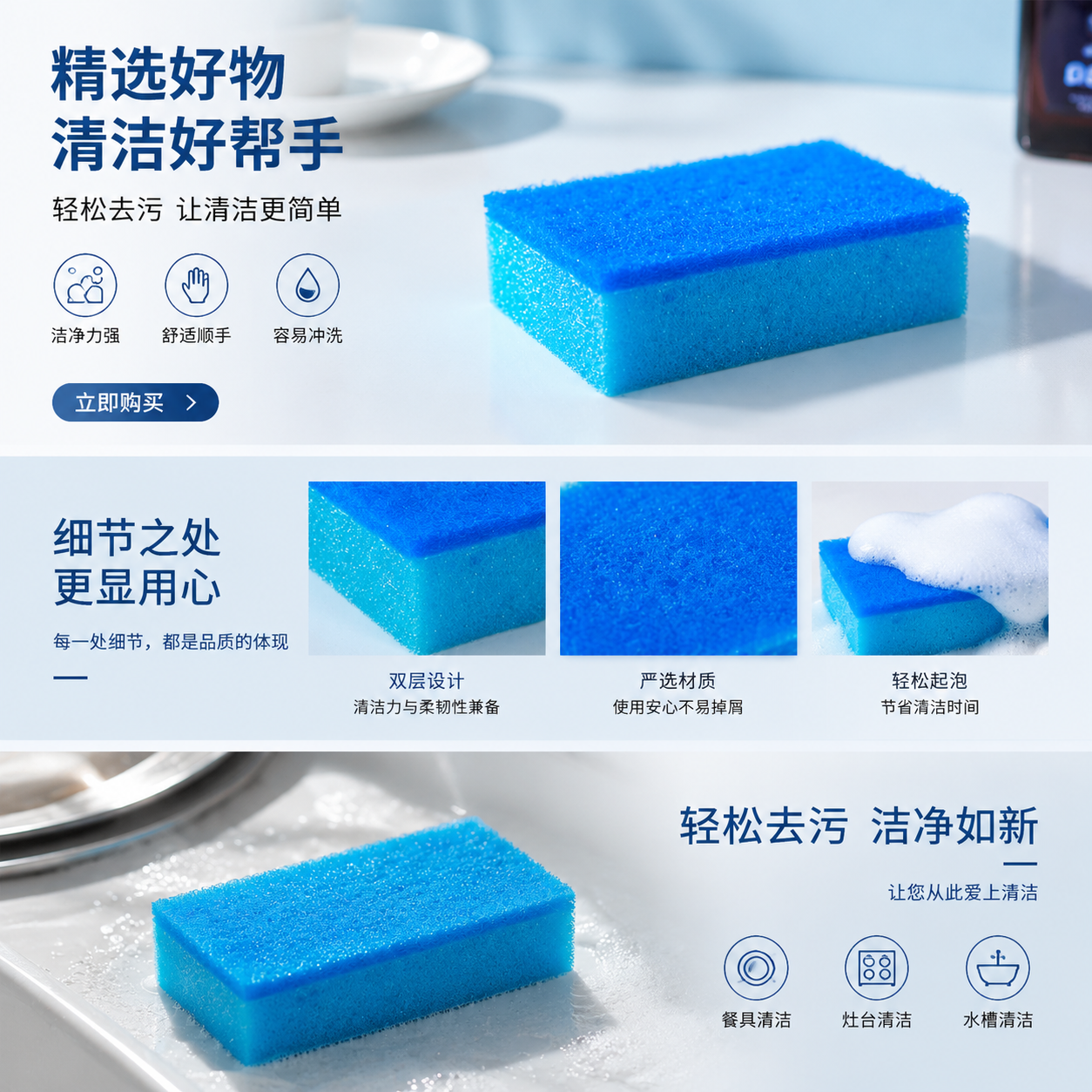 蓝色清洁海绵厨房家用去污擦洗多功能吸水性强详情1