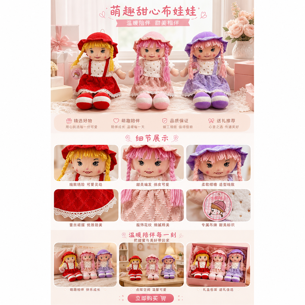 Three-color dress, plush toy doll set, red, pink and purple blinds, front display piece pic 1